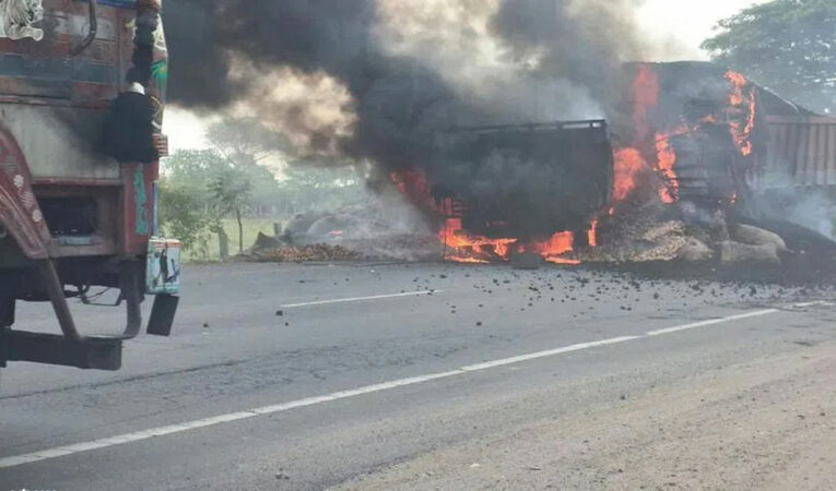 Two persons burnt alive in a road accident in Khammam